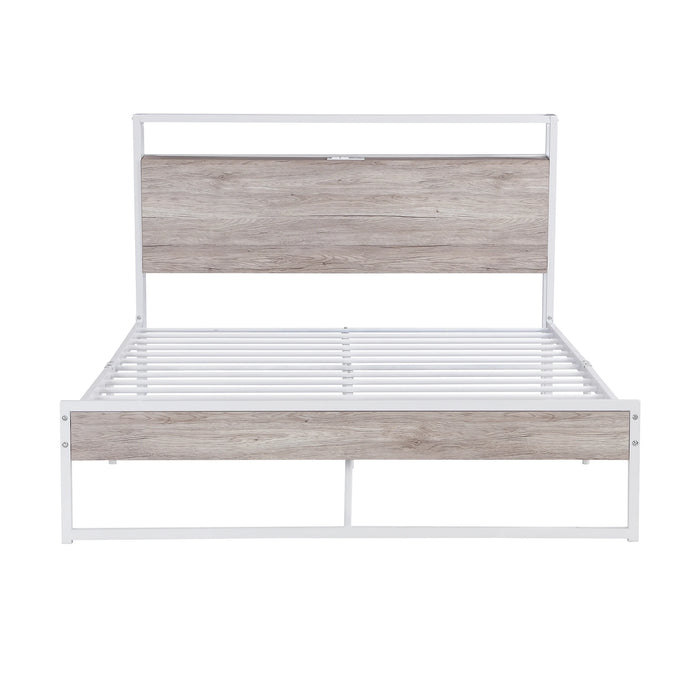Full /Queen Size Metal Platform Bed Frame with Sockets, USB Ports and Slat Support ,No Box Spring Needed