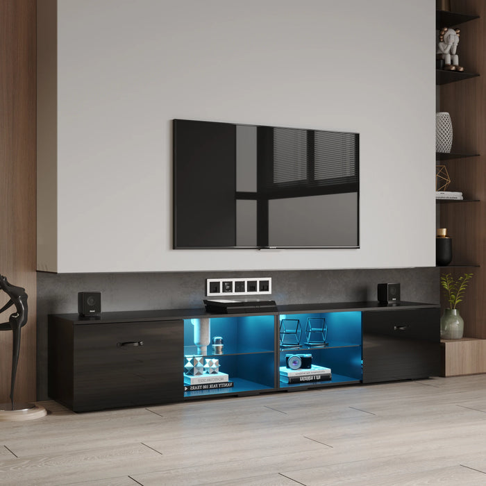 80 InchTV Cabinet with LED Light High Gloss TV Stand W/Open Shelf and Cabinet Universal Entertainment Center Table White/Black