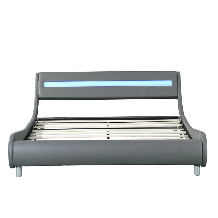 King/Queen Faux Leather Upholstered Platform Bed Frame W/Led Lighting Curve Design Wood Slat Support Black/White/Gray[US-W]