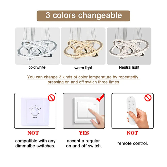 Modern Pendant Light Indoor Ring Led Chandelier Luxury K9 Crystal Hanging Fixture Living Dining Room Ceiling Lamp Home DIY Decor