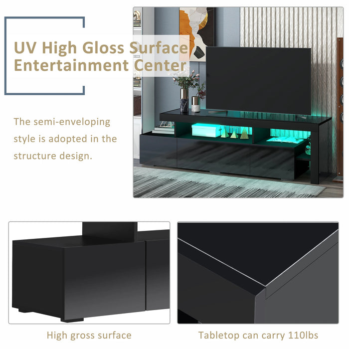 Modern Style 16-Colored LED Lights TV Cabinet Stand UV High Gloss Surface Entertainment Center with DVD Shelf Up to 70 inch TV