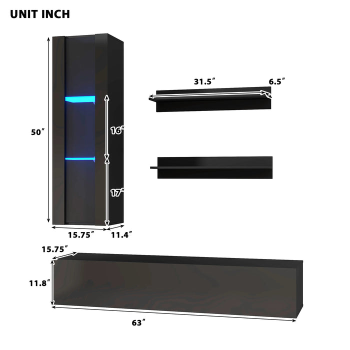 4Piece Wall Mount Floating TV Stand W/See-Through Media Storage Cabinet Modern High Gloss Entertainment Center Up to 70+ Inch TV