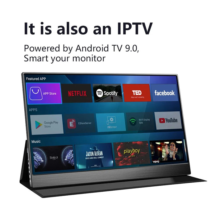 15.6 Wireless Touchscreen Smart Portable Monitor Android 9.0 IPTV APP Store Google Play Bluetooth Remote Control Voice Assistant