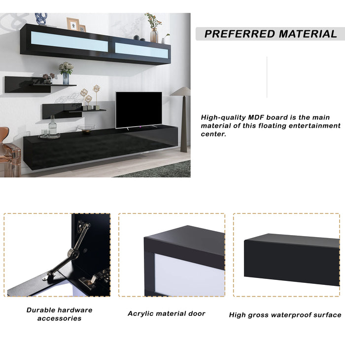 Wall Mount Floating LED TV Stand W/4 Media Storage Cabinets&2 Shelves Modern High Gross Entertainment Center for 95+ Inch TV