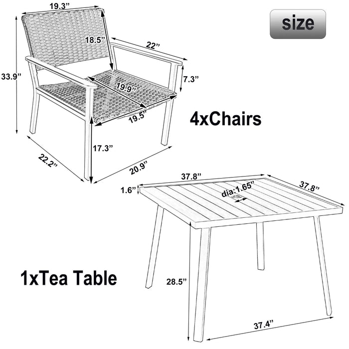 Outdoor patio PE wicker 5-piece dining table set with umbrella hole and 4 garden dining chairs, deck, black frame + black rattan