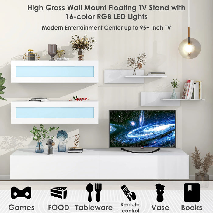 Wall Mount Floating LED TV Stand W/4 Media Storage Cabinets&2 Shelves Modern High Gross Entertainment Center for 95+ Inch TV