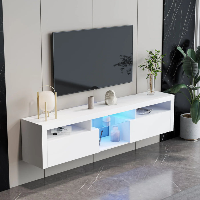[Flash Sale]70" Modern Simple LED TV Stand W/2 Storage Cabinet&Open Shelves Wall Mountable for Living Room Bedroom White[US-W]