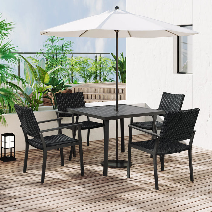 Outdoor patio PE wicker 5-piece dining table set with umbrella hole and 4 garden dining chairs, deck, black frame + black rattan