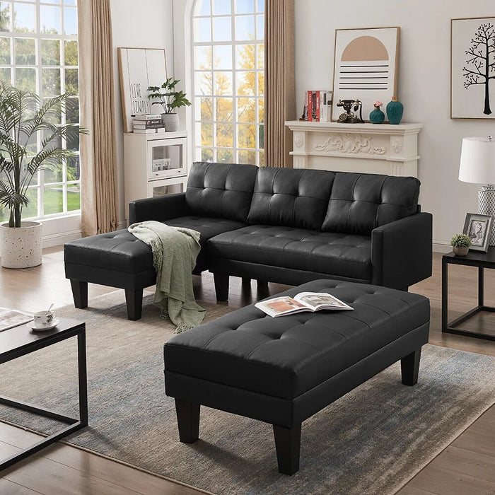 L-Shape Faux Leather Sectional Sofa Bed, Modern Sofa Chaise Lounge 3-Seat Sectional Couch Set with Ottoman Bench for Living Room