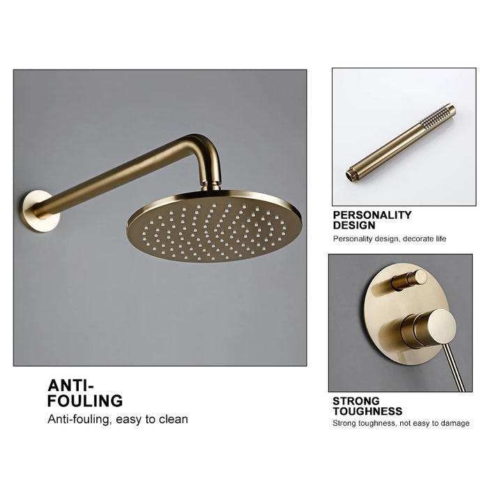 Brushed Gold Shower System Set Shower Mixer 8-12 Inch Rainfall Wall Mounted Hot And Cold Diverter Ways Bathroom Tap