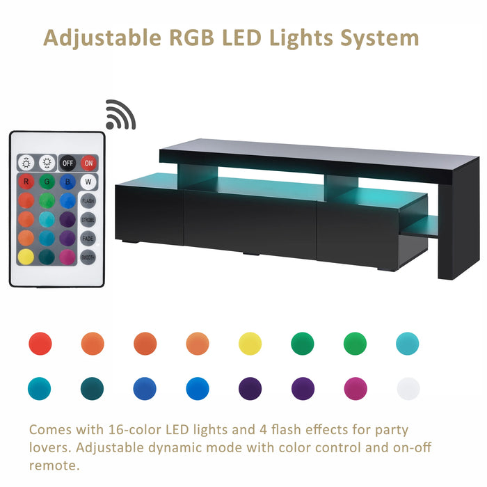 Modern Style 16-Colored LED Lights TV Cabinet Stand UV High Gloss Surface Entertainment Center with DVD Shelf Up to 70 inch TV