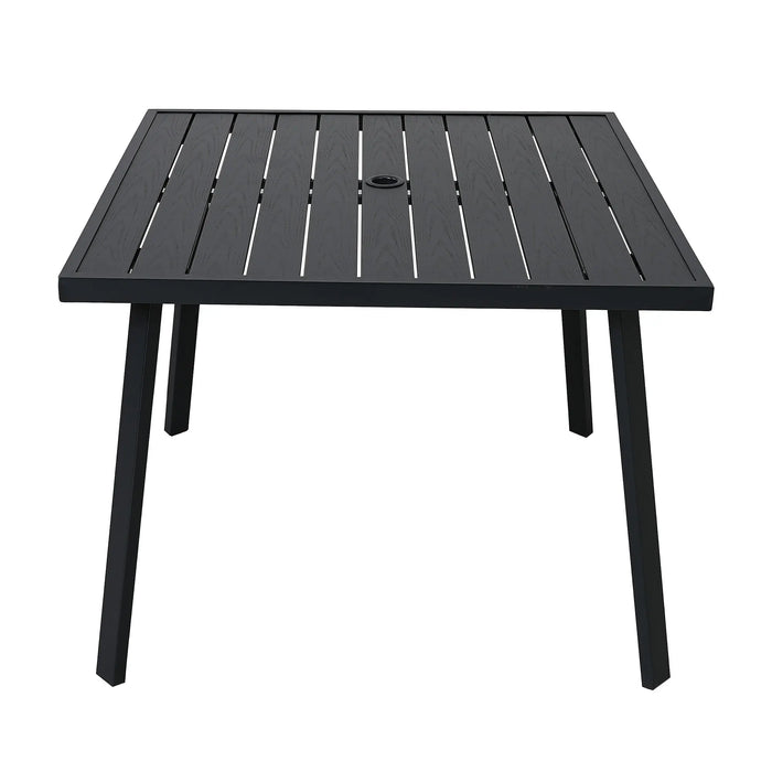 Outdoor patio PE wicker 5-piece dining table set with umbrella hole and 4 garden dining chairs, deck, black frame + black rattan