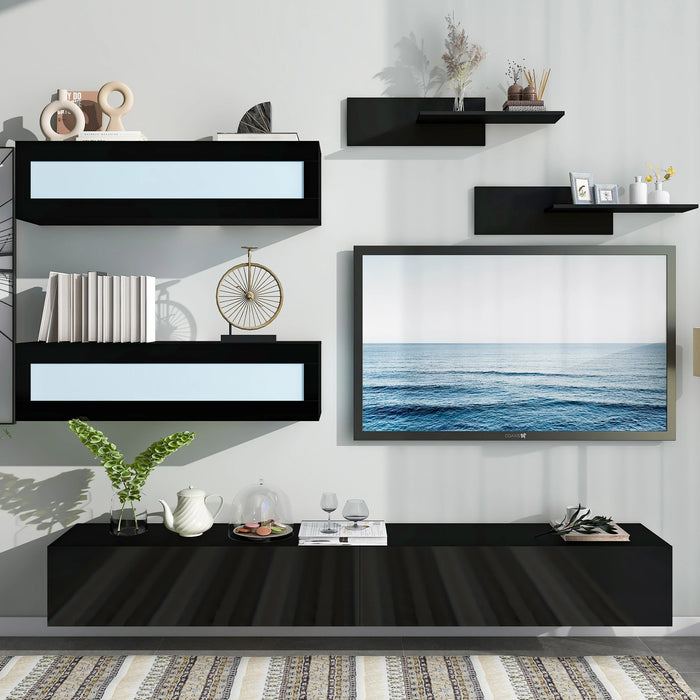 Wall Mount Floating LED TV Stand W/4 Media Storage Cabinets&2 Shelves Modern High Gross Entertainment Center for 95+ Inch TV