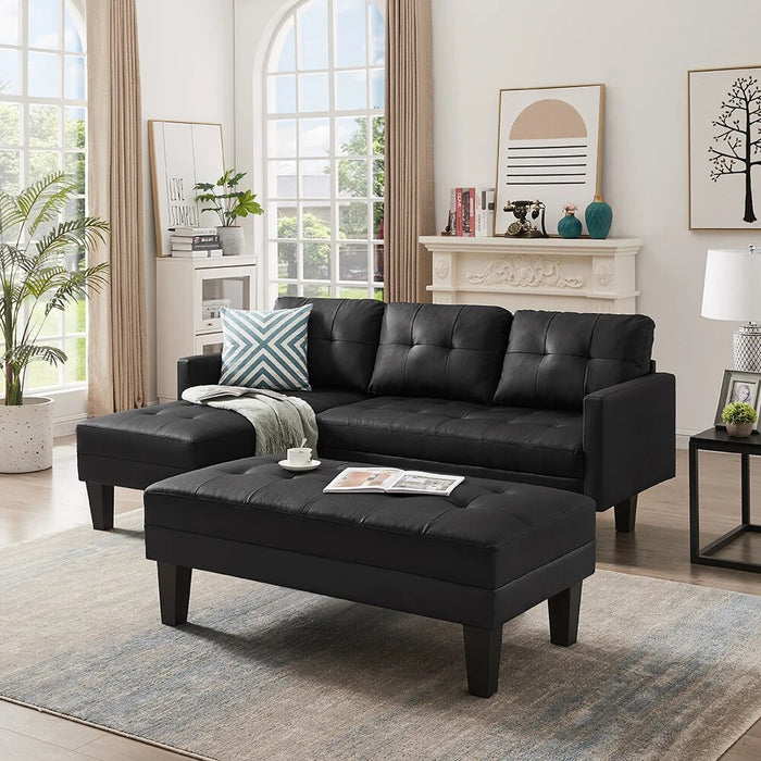 L-Shape Faux Leather Sectional Sofa Bed, Modern Sofa Chaise Lounge 3-Seat Sectional Couch Set with Ottoman Bench for Living Room