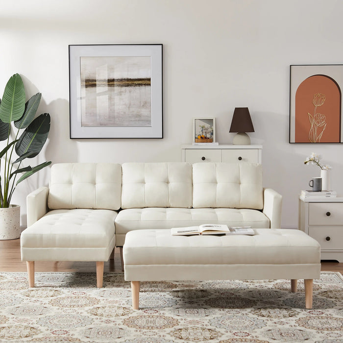 L-Shape Faux Leather Sectional Sofa Bed, Modern Sofa Chaise Lounge 3-Seat Sectional Couch Set with Ottoman Bench for Living Room