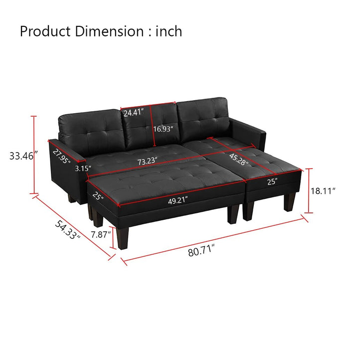 L-Shape Faux Leather Sectional Sofa Bed, Modern Sofa Chaise Lounge 3-Seat Sectional Couch Set with Ottoman Bench for Living Room