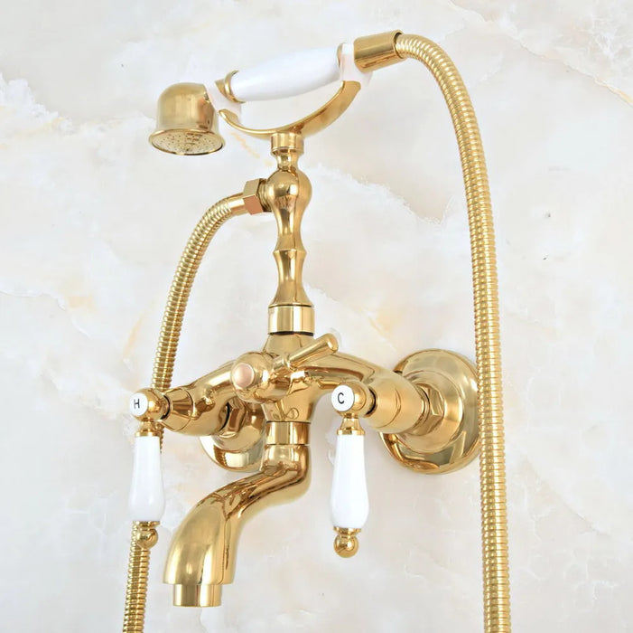 Luxury Gold Color Brass Wall Mount Bathroom Bath Tub Faucet Set WITH/ 1.5M Handheld Shower Spray Head Mixer Tap Dna822
