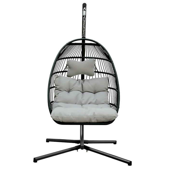 Egg Chair Swing with Stand Rattan Effect Four Corners Single Hanging for Patio Deck Garden Yard Backyard Porch U.S. Stock