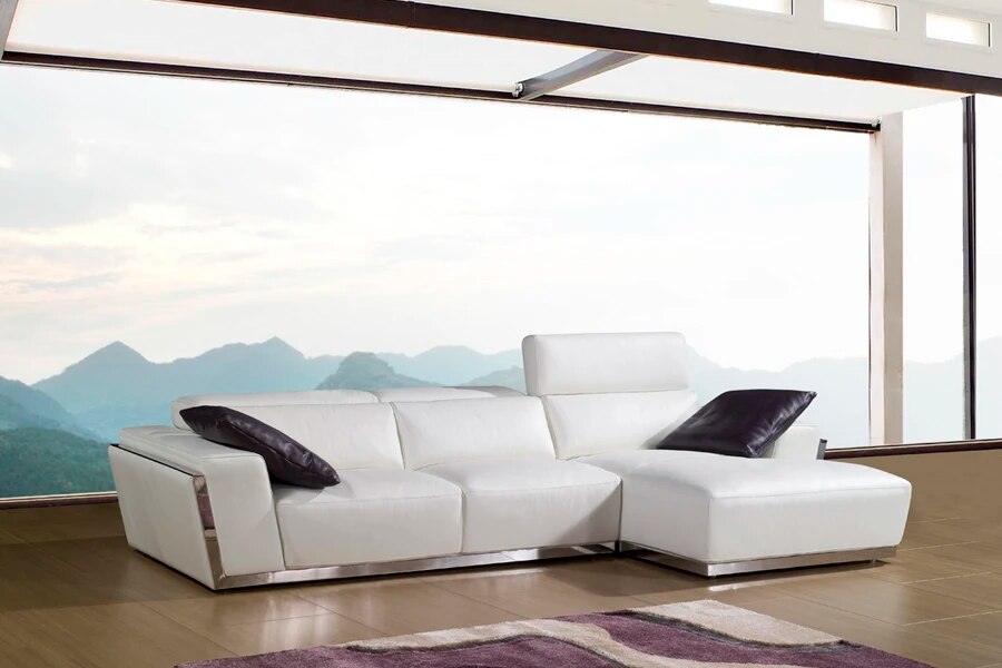 living room Sofa set u shape corner genuine leather couch Nordic with stainless steel decration and functional headrests muebles