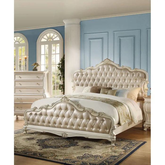 Vintage King/Queen Bed In Rose Gold PU & Pearl White 93x84x68 Inch[US-Stock]