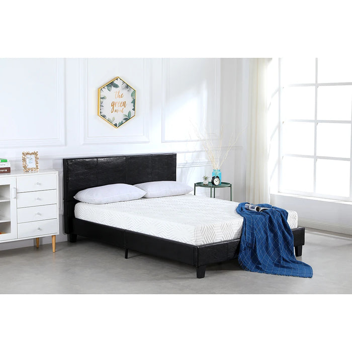 Simple PU Bed Frame Strong Full Size Metal Construction Modern Style Black Easy to Assemble[US-Stock]