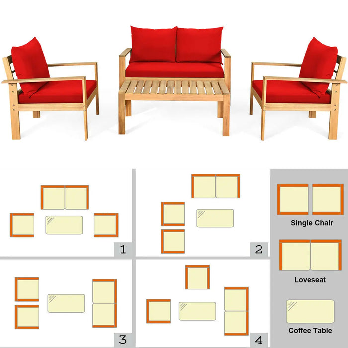 4PCS Patio Furniture Set Acacia Wood Thick Cushion Loveseat Sofa Red  HW64146RE+