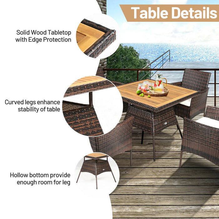 Patiojoy 5PCS Patio Rattan Dining Furniture Set Arm Chair Wooden Table Top  HW67789+