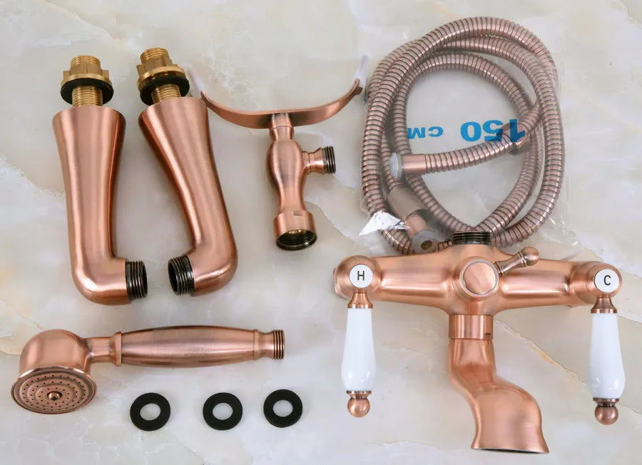 Deck Mounted Bath Tub Faucet Antique Red Copper Bathtub Faucets with Hand Shower Dual Handle Mixer Tap zna173