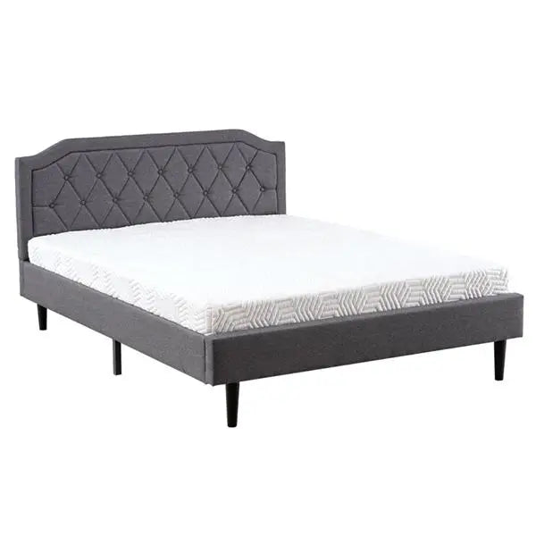 Wood Bed Frame Upholstered Bed with Diamond Buckle Decoration, Linen Dark Gray Queen Bed Easy to Assemble Stylish and Modern