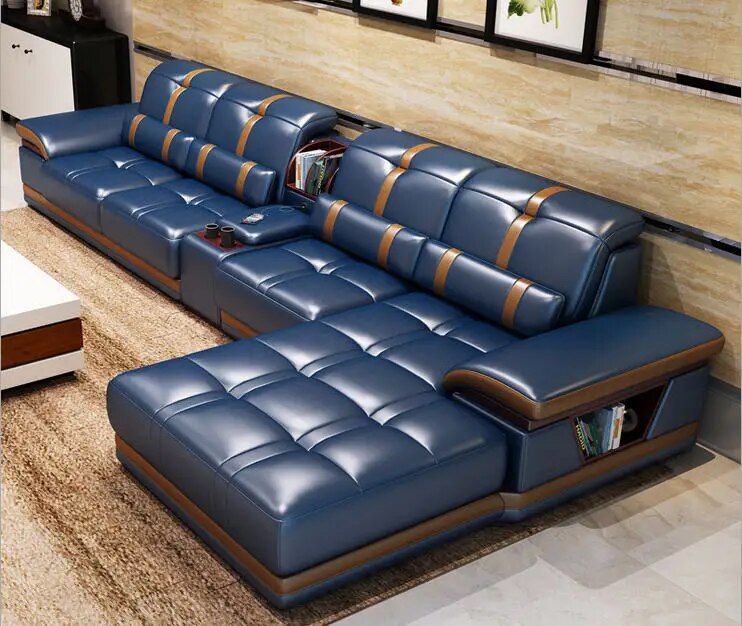 Living Room Sofa set furniture real genuine cow leather sofas bluetooth puff asiento muebles de sala canape L shape sofa cama