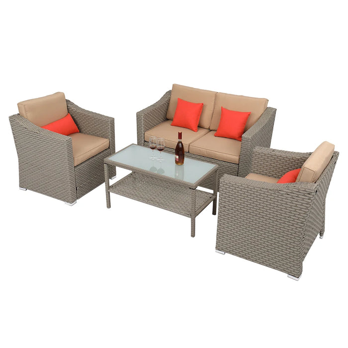 Wide Rattan Double Contiguous Rattan Four-Piece Suit 1 Double 2 Single 1 Double Coffee Table Gray  Patio Furniture Set