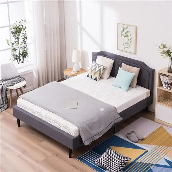 Wood Bed Frame Upholstered Bed with Diamond Buckle Decoration, Linen Dark Gray Queen Bed Easy to Assemble Stylish and Modern