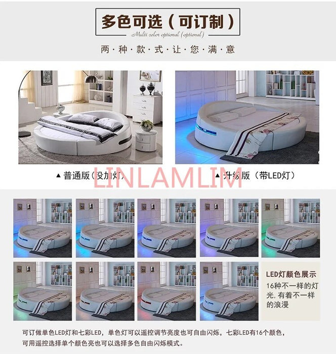 Smart bed frame camas bedroom set furniture кровать двуспальная lit beds سرير  LED light round genuine leather bed + mattress