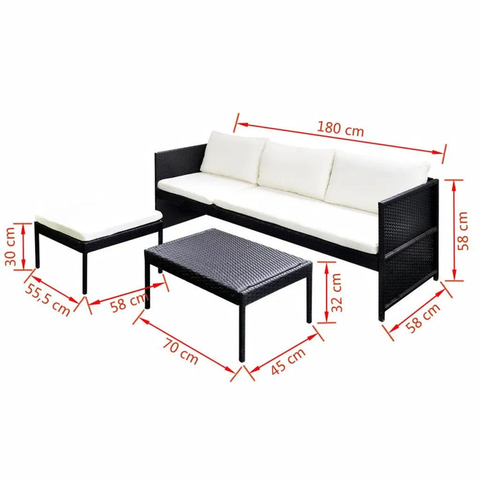 3pcs Outdoor Patio Garden Lounge Set Black Poly Rattan Wicker with Coffee Table&White Sofa Cushioned[US-Stock]