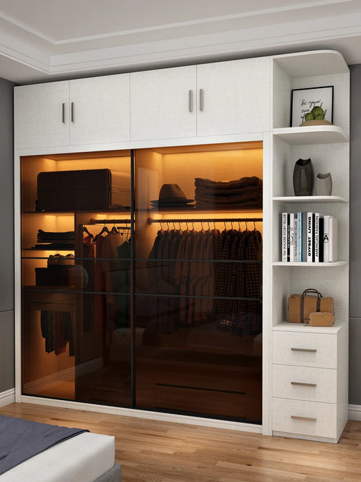 Sliding door wardrobe modern simple small family bedroom rental room with light luxury sliding door wardrobe