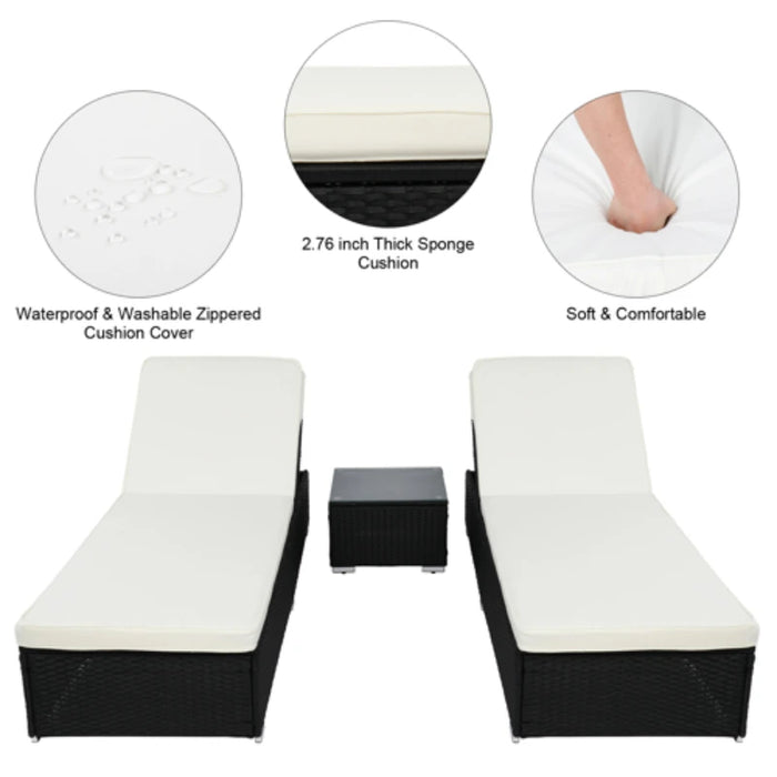 3Pcs Outdoor Furniture Set PE Rattan Iron Include 1 Coffee Table 2 Flat Bed Black 4-Wire Ideal for Patio Deck Poolside[US-Depot]