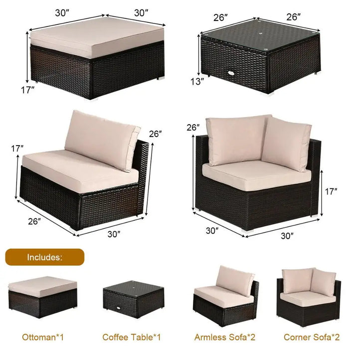 6PCS Outdoor Patio Rattan Furniture Set Cushioned Sectional Sofa Ottoman HW63878+