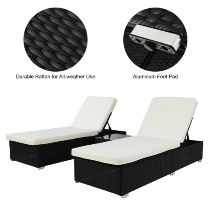 3Pcs Outdoor Furniture Set PE Rattan Iron Include 1 Coffee Table 2 Flat Bed Black 4-Wire Ideal for Patio Deck Poolside[US-Depot]