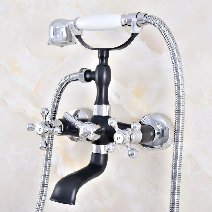 Black Silver Bathtub Shower Faucets Set Dual Knobs Mixer Tap Wall Mounted Bath Shower Set Swivel Tub Spout zna617