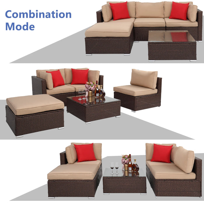 5Pcs Outdoor Patio Furniture Set Rattan Wood Grain 2 Corners 1 Armless Sofa 1 Foot Drag 1 Square Coffee Table Brown[US-Stock]