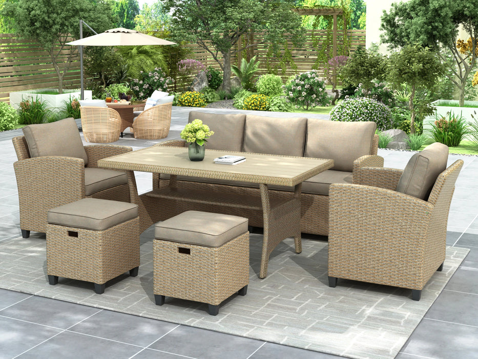 6-Pcs Outdoor Rattan Wicker Furniture Set 1 3 Seat Sofa+2 Single Sofa Chair+2 Stools+1 Table for Patio Garden Backyard[US-Stock]