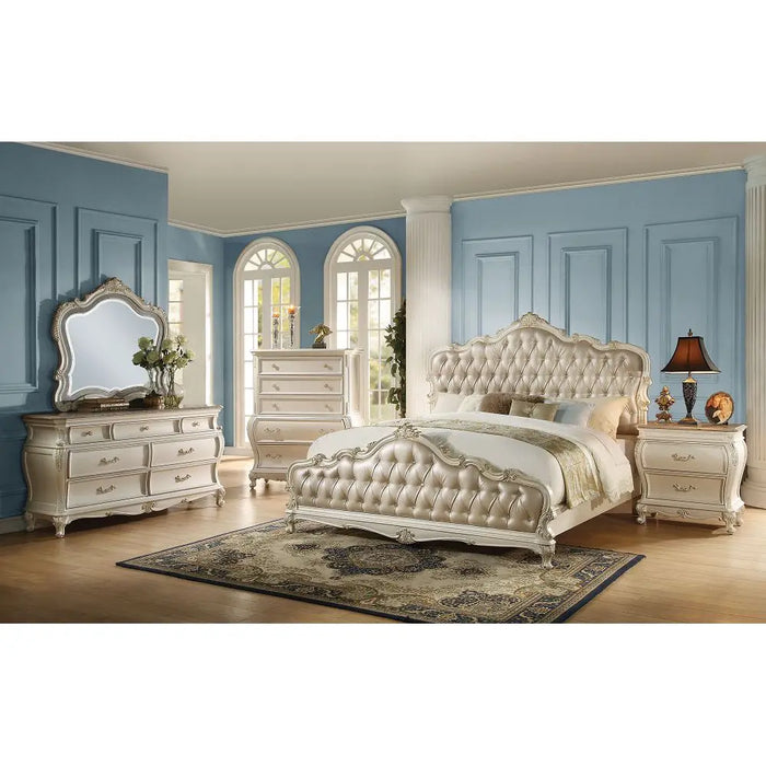 Vintage King/Queen Bed In Rose Gold PU & Pearl White 93x84x68 Inch[US-Stock]