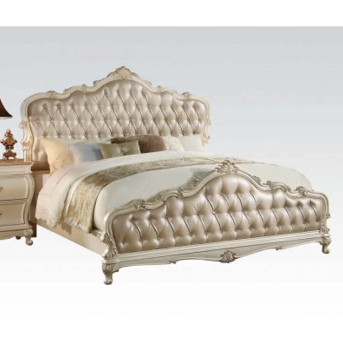 Vintage King/Queen Bed In Rose Gold PU & Pearl White 93x84x68 Inch[US-Stock]