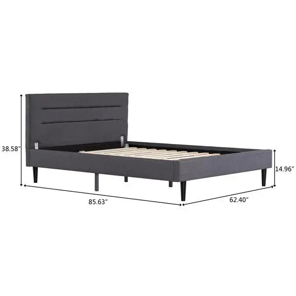 Bed Frame Linen Soft Pack Bed Right Angle Horizontal Line Decorative Bed Dark Gray Queen Easy to Assemble Stylish and Modern