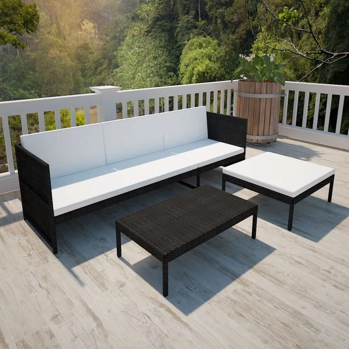 3pcs Outdoor Patio Garden Lounge Set Black Poly Rattan Wicker with Coffee Table&White Sofa Cushioned[US-Stock]