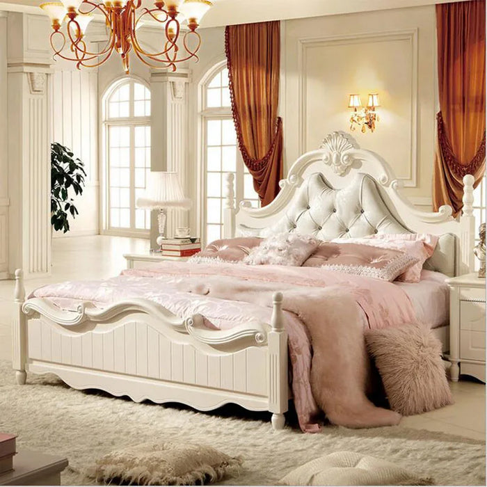 modern european solid wood bed Fashion Carved  leather  french bedroom furniture pfy10018