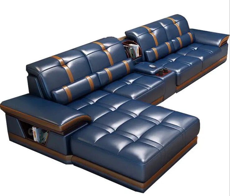 Living Room Sofa set furniture real genuine cow leather sofas bluetooth puff asiento muebles de sala canape L shape sofa cama