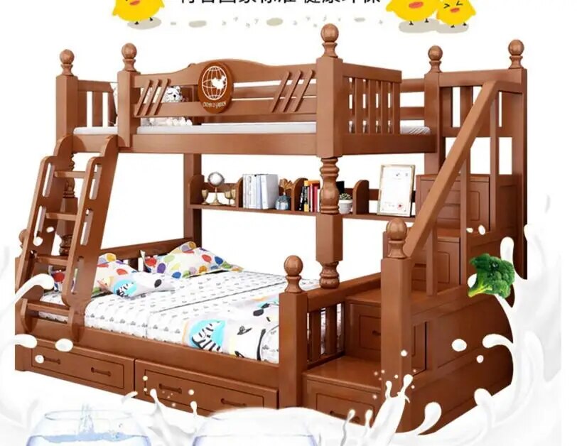 Fluctuation bed bunk bed multi-functional combination of completely real wood children two layers of machine tool bed wooden bed