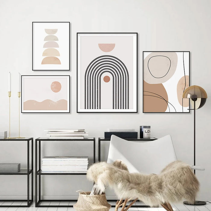 Boho Abstract Geometric Sun Rising Rainbow Beige Canvas Painting Wall Art Pictures Posters Print Interior Living Room Home Decor