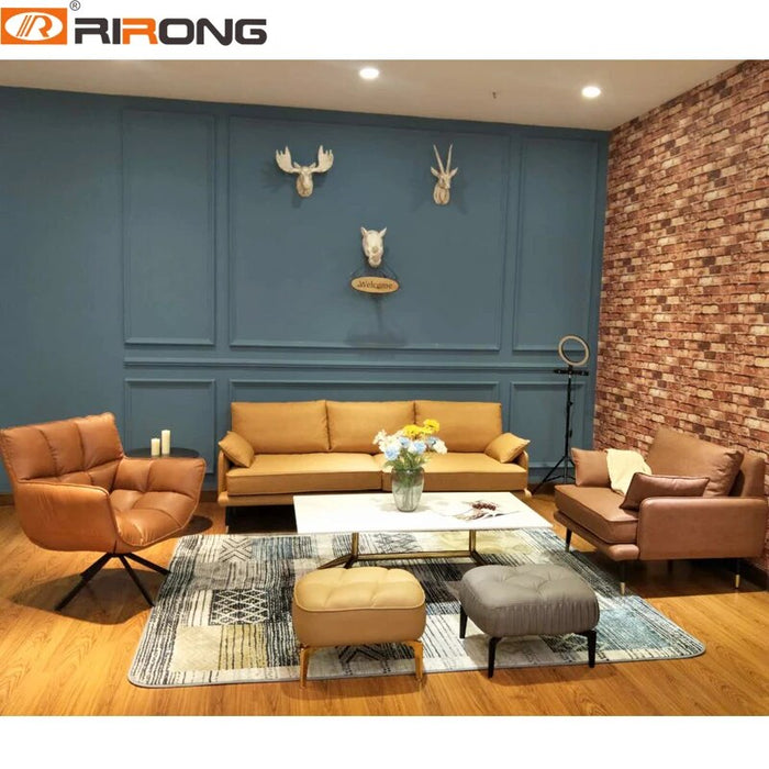 Leather Combination Sofa Brown Orange Living Room Couch Set Single Three Seat Comfortable  for  Modern Italian Design